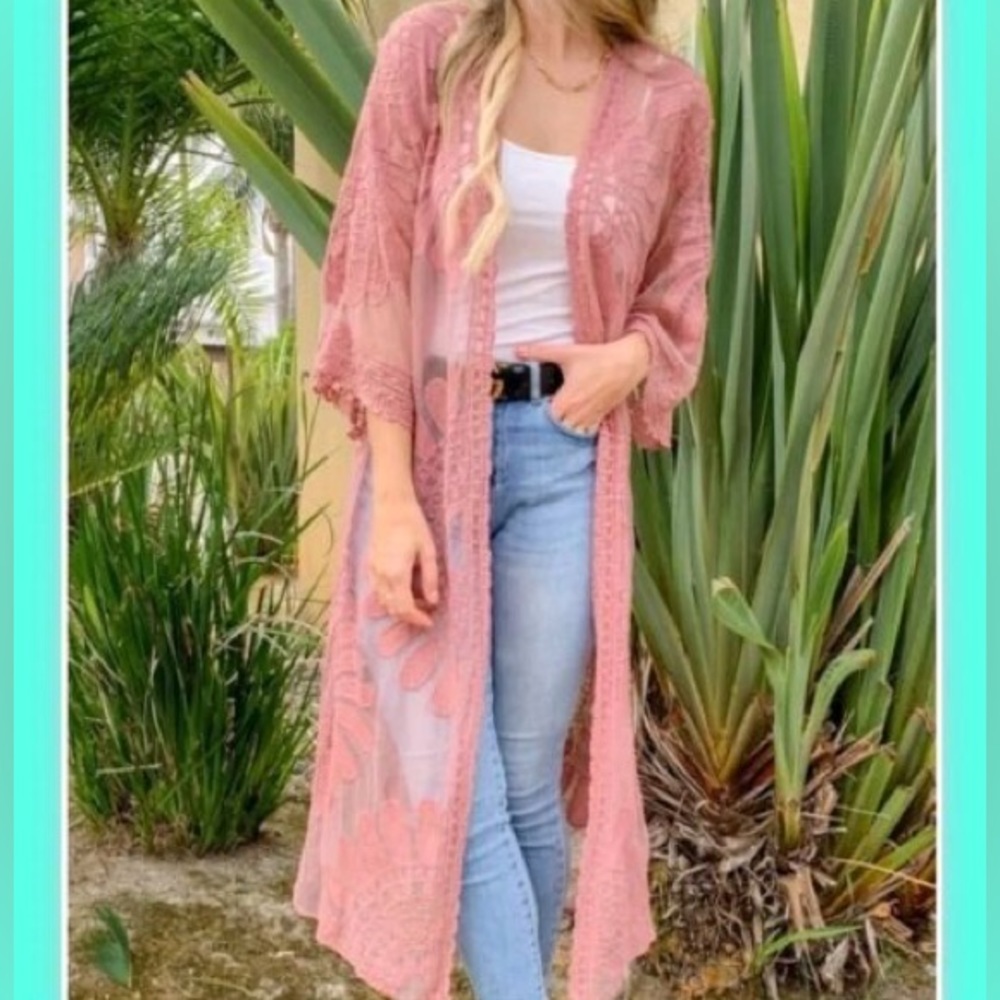 Rebellion Again Pink Long Duster Cardigan Lace Open Front Crochet Kimono Medium